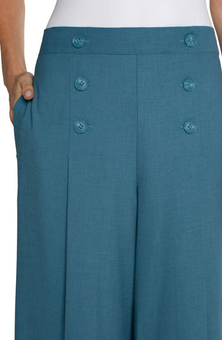 Ocean blue wide leg sailor crop pants with a faux 6-button front detail, elastic back waistband, and front pleat.