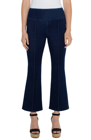 Navy blue ankle flare pants with pintuck detailing