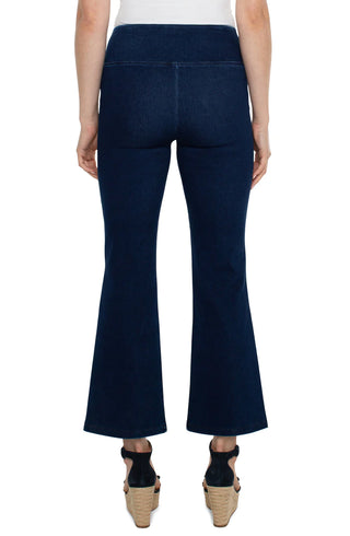 Navy blue ankle flare pants with pintuck detailing
