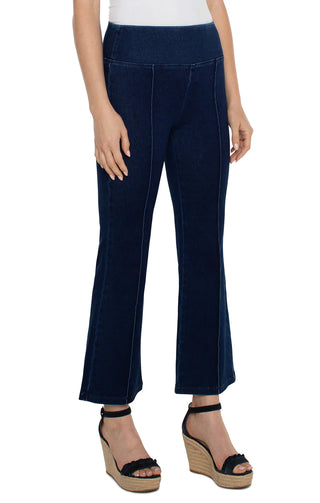 Navy blue ankle flare pants with pintuck detailing