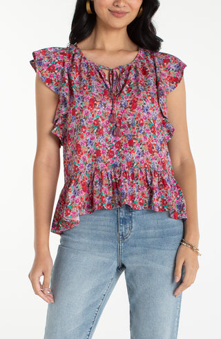 Liverpool Pink Floral Flutter Sleeve Peplum Top with Ties
