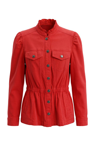 Liverpool Puff Sleeve Trucker Jacket with Ruffle Collar in Sundance Red