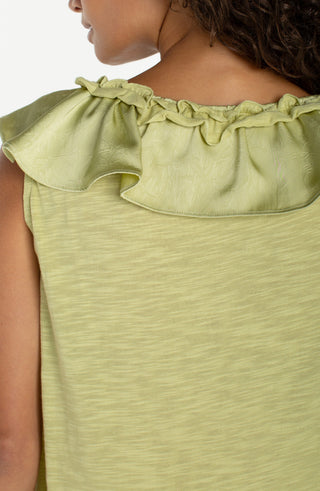 Liverpool Ruffle Front Sleeveless Woven to Knit Top in Lime Crema
