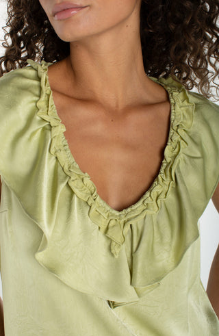 Liverpool Ruffle Front Sleeveless Woven to Knit Top in Lime Crema