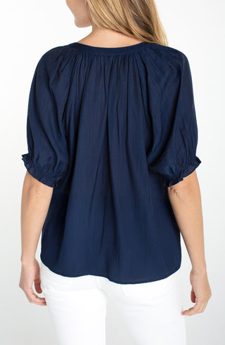 Liverpool Short Sleeve Half Placket Woven Blouse in Navy