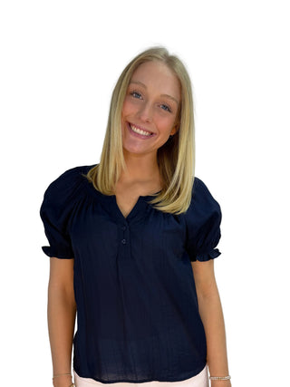 Liverpool Short Sleeve Half Placket Woven Blouse in Navy puff sleeve blue button