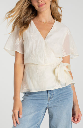 Liverpool Short Sleeve Wrap Front Woven Top with Tie in Cream