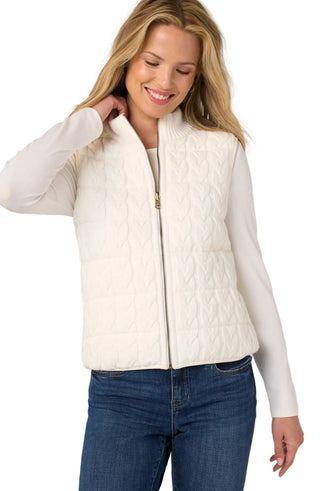 Liverpool Sleeveless Reversible Quilted Sweater Vest in Cream
A woman wearing a quilted white puffer vest over a white long-sleeve top and blue jeans, photographed against a light gray studio background.