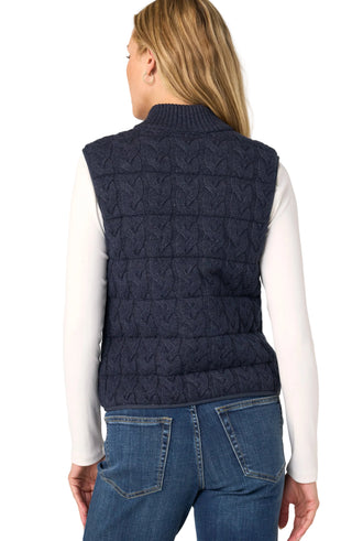 Liverpool Sleeveless Reversible Quilted Sweater Vest in Heather Navy
A woman shown from the back wearing a navy blue cable-knit sleeveless vest over a white long-sleeve top and blue jeans, against a light gray studio background.