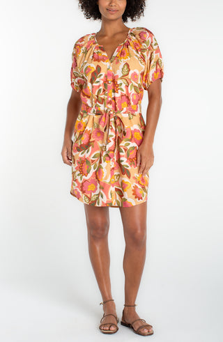 Liverpool Tan Floral Short Sleeve Button Front Dress