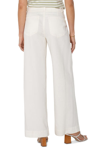 A pair of wide leg, cream-colored utility pants with patch pockets and a button fly closure.