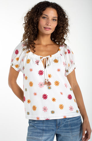 Liverpool White Floral Short Sleeve Tie Neck Top