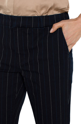 Liverpool trouser with thin blue and white stripes with a flare leg