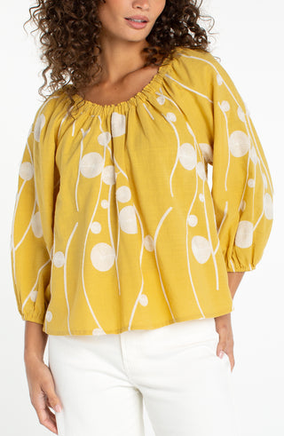 Liverpool Yellow with Cream Embroidery 3/4 Sleeve Top