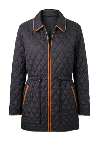 Liverpool Zip Front Quilted Coat with Cinched Waist, Black