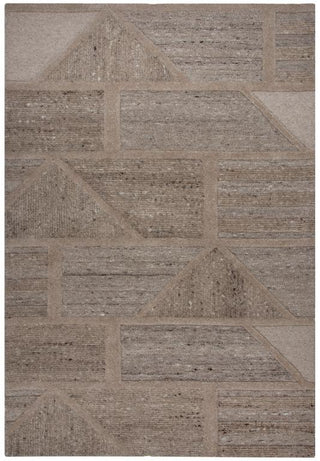Lofton 7'9"x9'9" Rug in Brown
A rectangular area rug with a geometric pattern of interlocking triangles and rectangles in shades of taupe, beige, and brown, showing a textured woven surface.