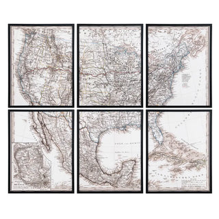 Set of six framed maps on a white background