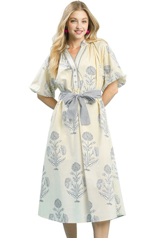 Long Ecru & Black Floral Print Dress