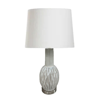 Table lamp with textured base and white shade on a white background