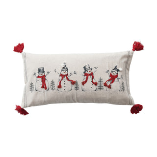 Lumbar Pillow with Embroidered Snowmen and Birds red white black