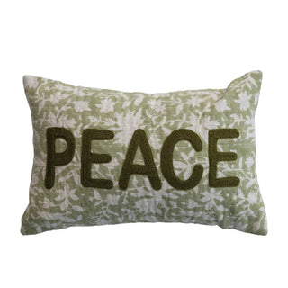 Lumbar Pillow with Flowers, Hand Embroidered Kantha Stitch "Peace" green brown embroidery