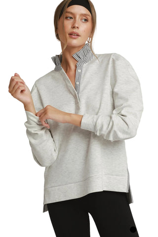 Luxeknit Stripe Ruffle Neck Long Sleeve Top in Heathered White