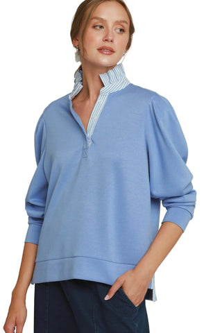 Luxeknit Stripe Ruffle Neck Long Sleeve Top in Periwinkle Blue