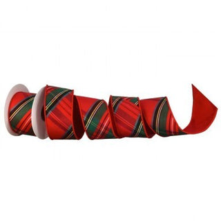 Red & Green Diagonal Cut Plaid Dupion Ribbon Sold by the Foot