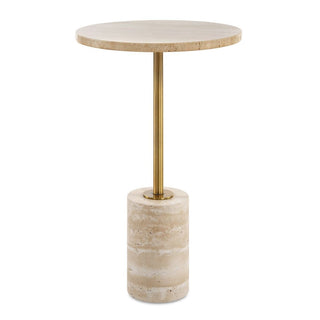 Malya Accent Table travertine tan beige natural metal brass