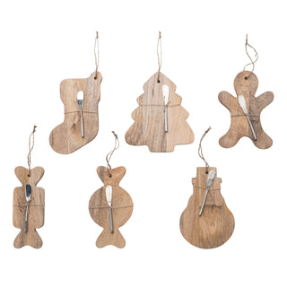 Mango Wood Christmas Shaped Board with Canape Knife Set Assorted tree stocking gingerbread man candy snowman