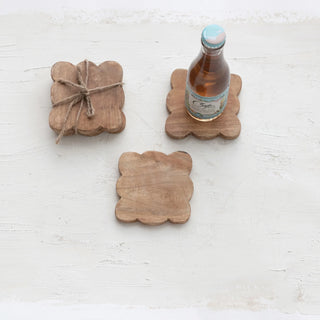 Mango Wood Scalloped Coasters, Natural, Set of 4 Tied w/ Jute