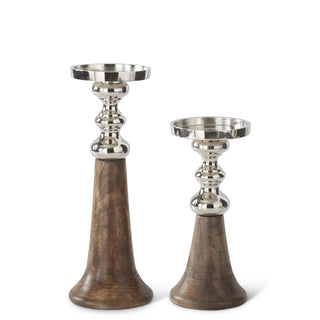 Mango Wood & Silver Metal Pillar/Taper Candleholders