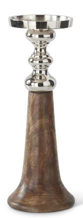 Mango Wood & Silver Metal Pillar/Taper Candleholders