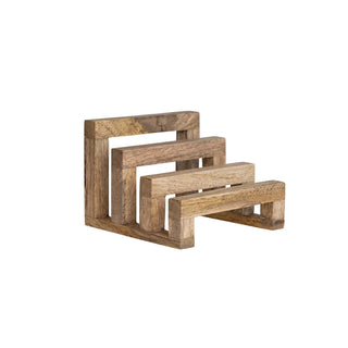 Mango Wood Stand A three-tiered mango wood stand with a natural finish, showcasing the unique grain patterns of the wood.