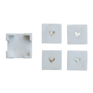 Marble Coasters with Mother of Pearl Inlay & Holder, Set of 5 heart