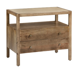 A wooden bedside table with a brown stain finish, featuring two drawers with handles and a cream stone top.