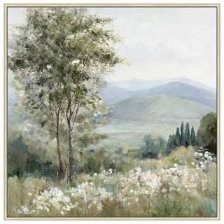 Meadowland Floating Framed Canvas white green gray beige tree hill white flower