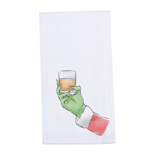 Grinch Hand with green glove holding a glass of bourbon on a white background. Mean One Bourbon Tea Towel