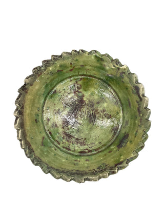 Green Ceramic Bowl with a textured edge distressed look antique