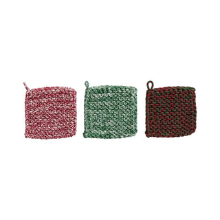 Melange Cotton Crocheted Pot Holder Assorted red green white