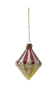Mercury Glass Red & Green Ornament with Stripes Assorted top shape