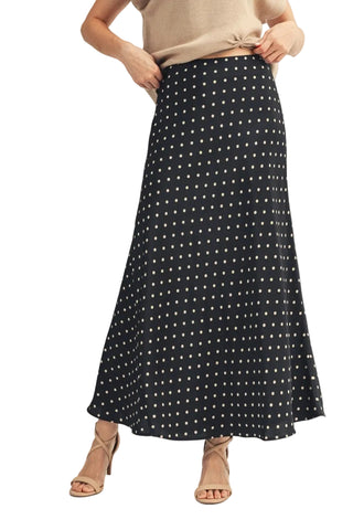 Mermaid Line Polka Dot Satin Maxi Skirt in Black