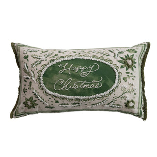 Happy Christmas Lumbar Pillow with Embroidery, Beads & Eyelash Fringe white green flower floral