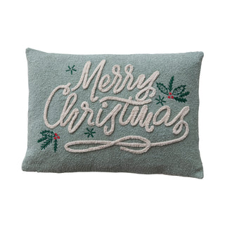 Merry Christmas Lumbar Pillow with Chenille Embroidery sage green holly