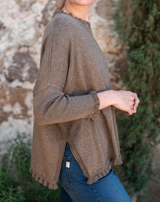 Mersea Catalina Cotton Ruffle Sweater in Taupe brown