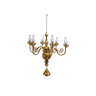Gold chandelier with multiple candle-style lights on a white background