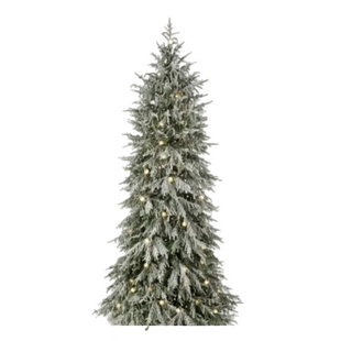 Micro LED Snowy Norfolk Tree 7.5'
A tall, conical Christmas tree with frosted green and white branches, decorated with small warm white lights holiday snow winter flock flocked