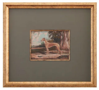 Middleton Dog Prints Assorted green greyhound brown
A framed vintage oil painting depicting a slender tan dog standing in an outdoor landscape with trees, set within a wide dark gray mat and a textured gold frame.