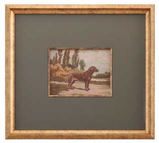Middleton Dog Prints Assorted
A framed art print featuring a vintage oil painting of a brown dog standing in an outdoor landscape, green mat lab 