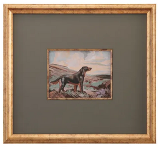 Middleton Dog Prints Assorted
A framed art print featuring a painting of a black and tan dog standing in a landscape, surrounded by green mat gold frame spaniel setter brown
